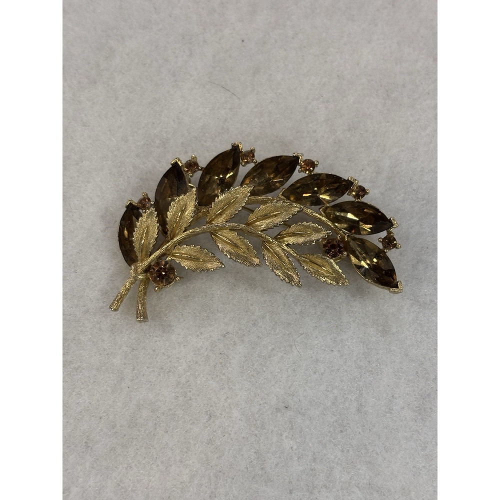 Vintage Lisner Gold Tone‎ Leaf Amber Rhinestone Brooch Glam Event Gala Wedding
